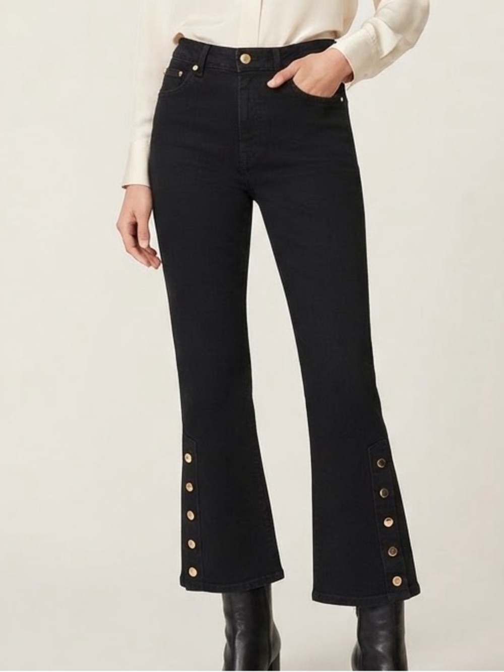 Sandro Sz 4 (36) Black Denim Boot Cut Gold Button Minimalist Ankle Length Jeans